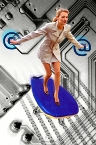 Businesswoman surfing on circuit board (Digital Composite)